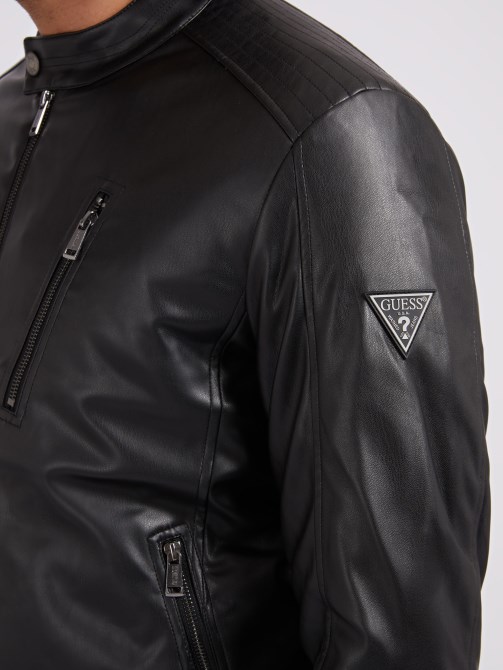 جاكيت راكب الدراجة النارية جلد صناعي أسود من Guess
