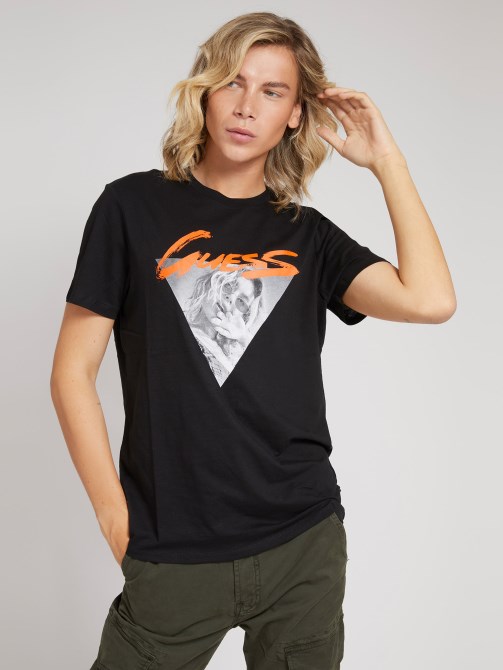 تي شيرت أمامي مطبوع أسود Guess