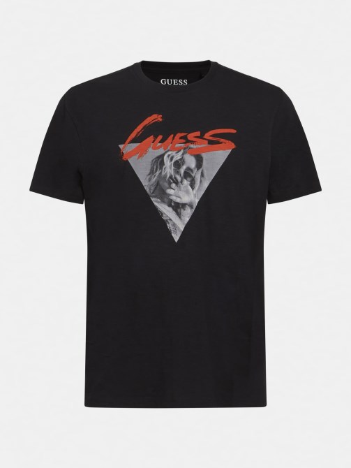 تي شيرت أمامي مطبوع أسود Guess