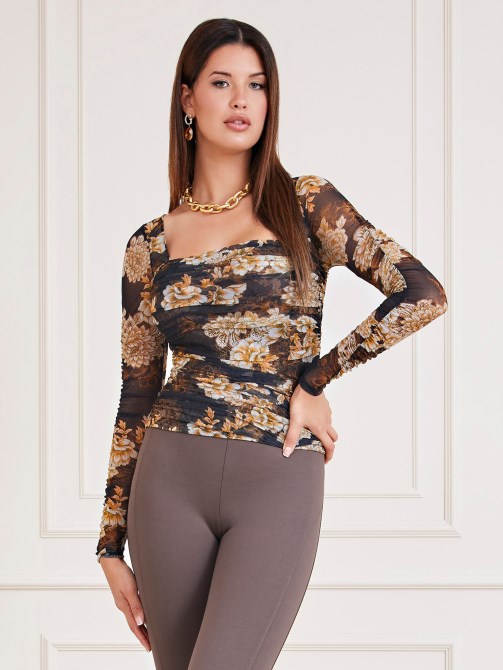 بلوزة بطبعة زهور سوداء من Guess