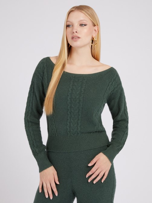 سترة من مزيج الكشمير المنسوج بالكابل باللون الأخضر Guess