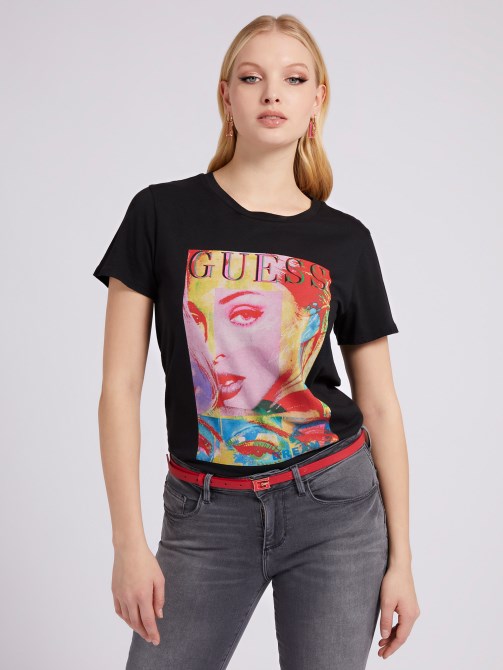 تي شيرت مطبوع من الأمام أسود Guess