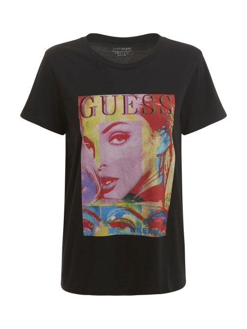 تي شيرت مطبوع من الأمام أسود Guess