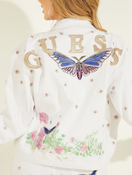 سترة جينز بيضاء مطرزة متعددة Guess