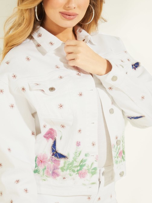 سترة جينز بيضاء مطرزة متعددة Guess