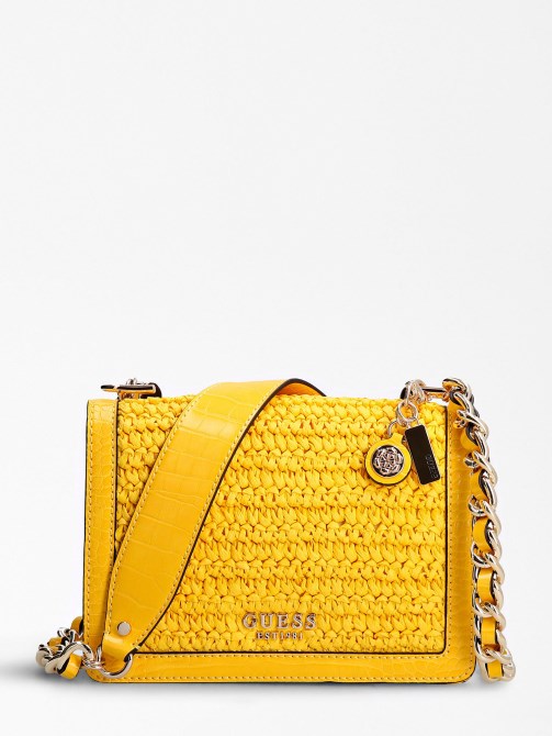 Guess Abey Raffia Mini Crossbody Bag أصفر