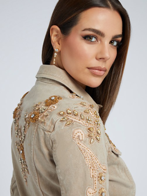 سترة الدنيم التطريز تخمين البيج