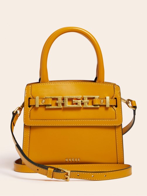 كريستينا حقيبة يد صغيرة من الجلد الحقيقي أصفر Guess