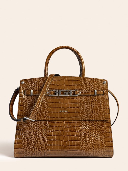 Guess Megan Luxe حقيبة جلدية حقيقية خضراء