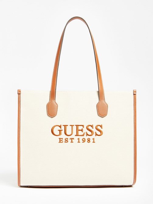 حقيبة تسوق Guess سيلفانا بشعار مطرز باللون البني