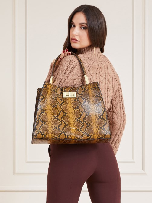 Monia حقيبة يد جلدية حقيقية صفراء Guess