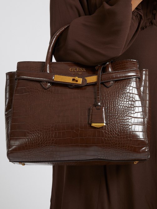 Enisa حقيبة يد بطبعة جلد التمساح البني Guess