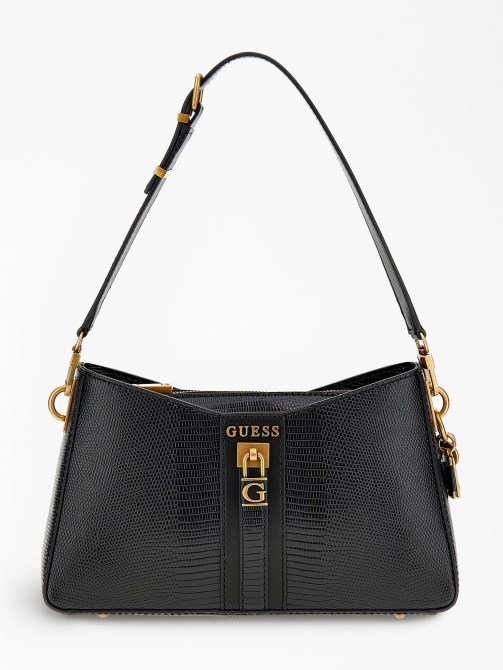 حقيبة كتف جينيفرا بطبعة جلد الثعبان أسود Guess
