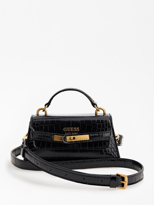 حقيبة يد صغيرة بطبعة جلد التمساح باللون الأسود Guess