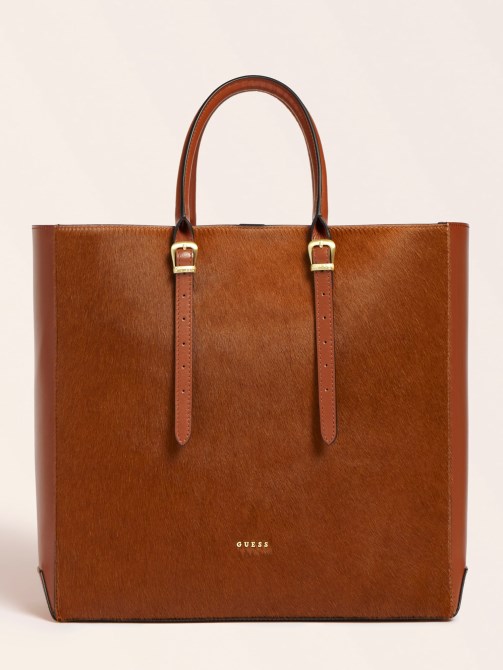 Guess Lady Luxe حقيبة يد جلدية حقيقية بنية اللون