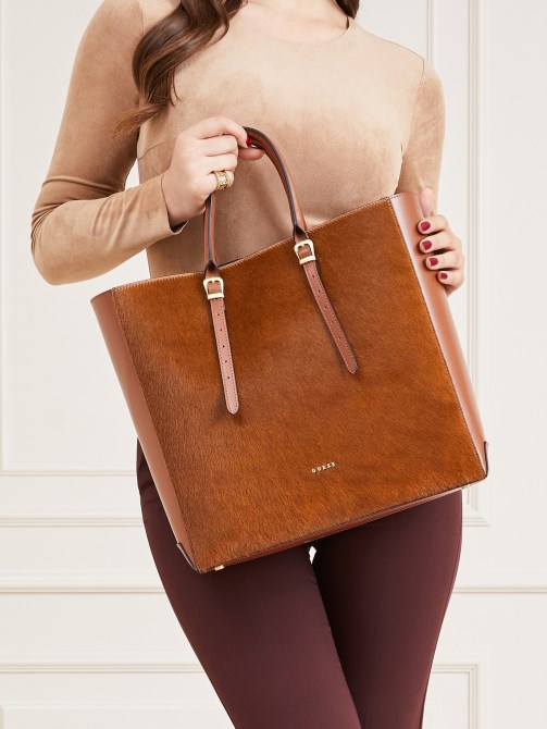 Guess Lady Luxe حقيبة يد جلدية حقيقية بنية اللون