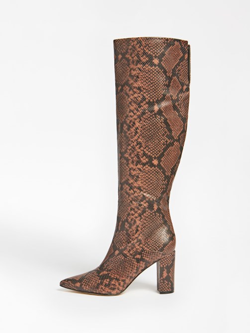 براون Guess Ladie Python Print High Boot
