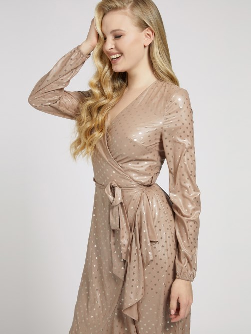 فستان ماكسي بطبعة النقاط بيج Guess