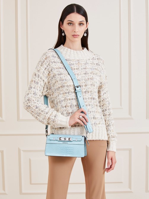 حقيبة كروس صغيرة بطبعة جلد التمساح Guess Raffie باللون الأزرق الفاتح