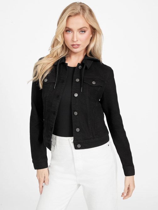 جاكيت دينم بغطاء رأس باللون الأسود من Guess