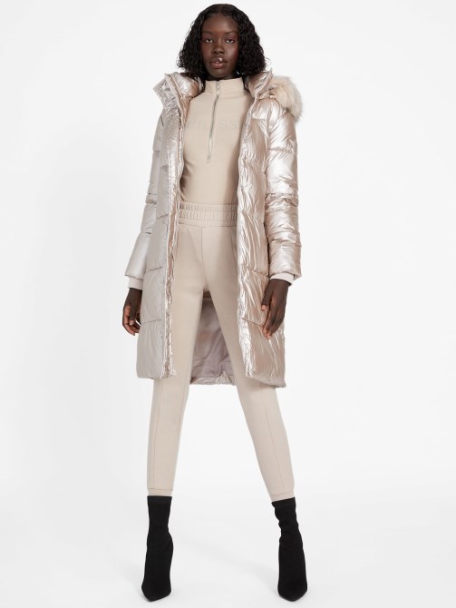 جاكيت طويل منفوخ أنجيلا مخمل رمادي داكن Guess