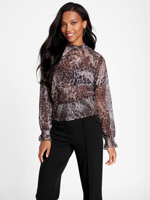 Guess Eco Avelina Smocked أعلى ليوبارد جاكار متعدد