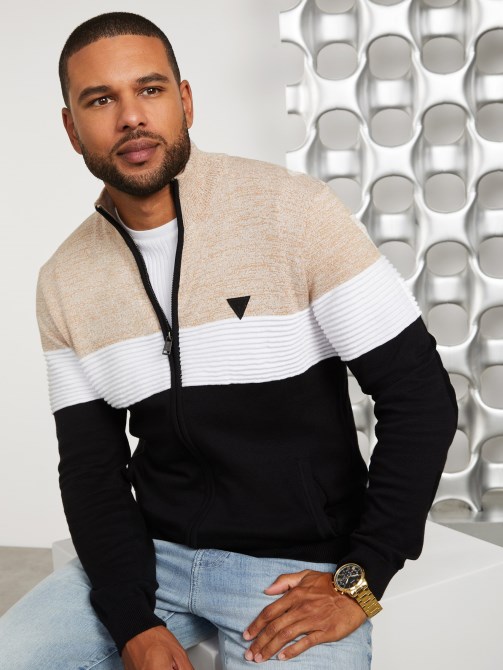 Eco Luke Zip-up Mock Sweater Toasted Taupe Multi Guess