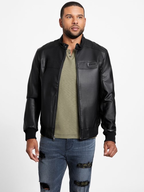 جاكيت موتو من الجلد الصناعي باللون الأسود من Guess