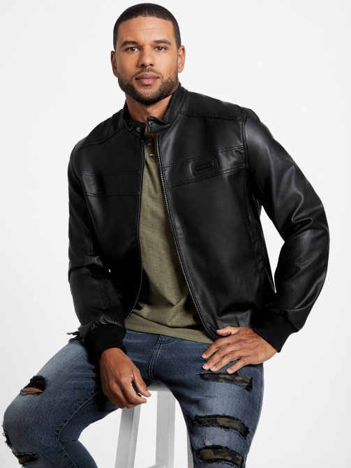 جاكيت موتو من الجلد الصناعي باللون الأسود من Guess