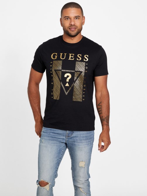 تي شيرت Guess جت أسود بشعار Kwes برقبة مستديرة