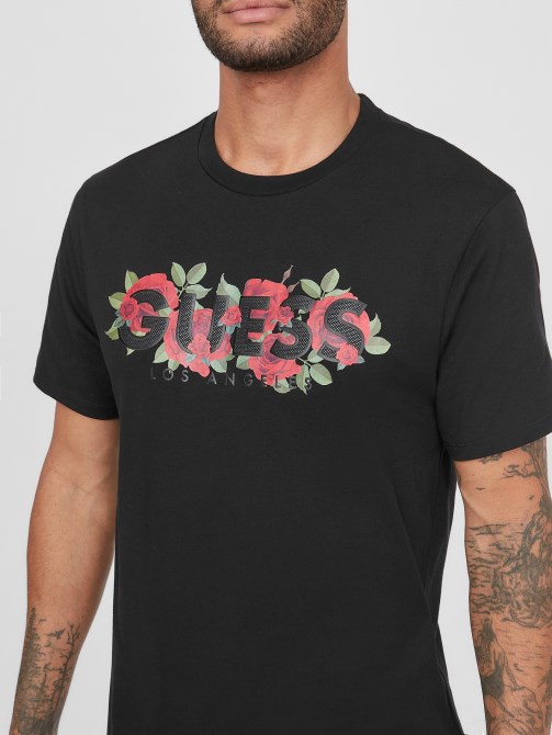 تي شيرت Guess Eco Tolk Roses بشعار باللون الأسود الجت