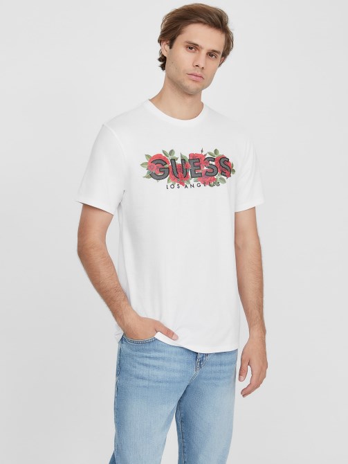 أبيض نقي Guess Eco Tolk Roses تي شيرت