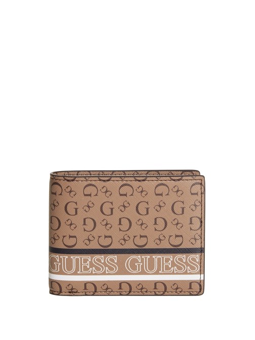 محفظة قابلة للطي بشعار ، مقلم باللون البني Guess