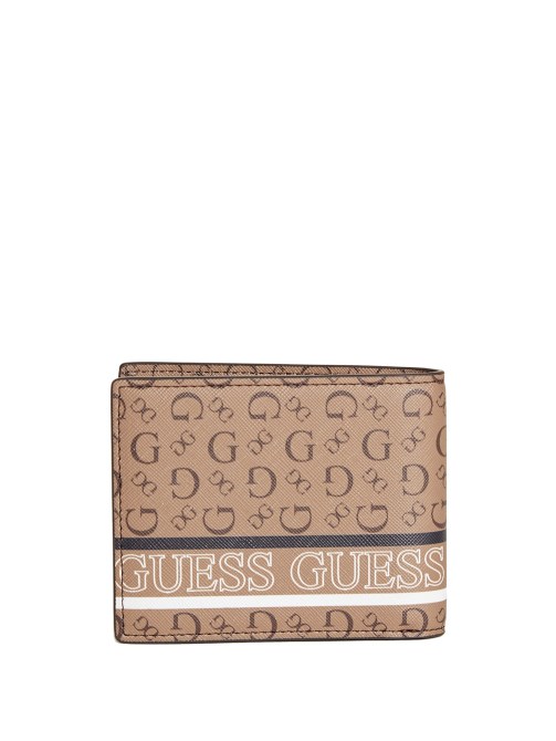 محفظة قابلة للطي بشعار ، مقلم باللون البني Guess