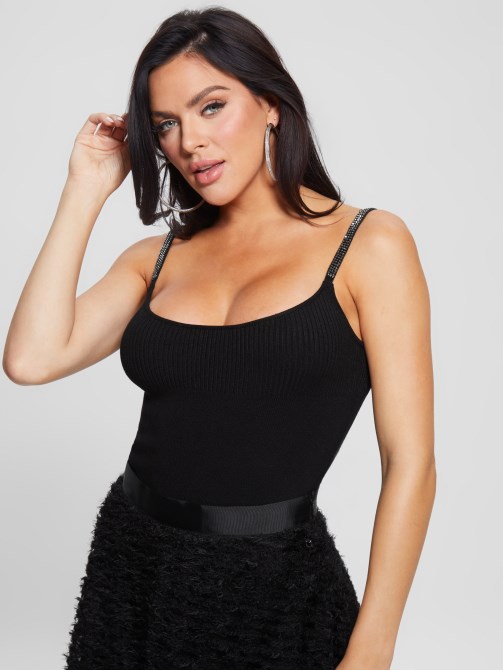 Eco Nevia Rhinestone Bodysuit Guess جيت الأسود