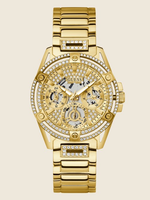 ساعة يد كريستالية متعددة الوظائف بلون ذهبي Guess Gold