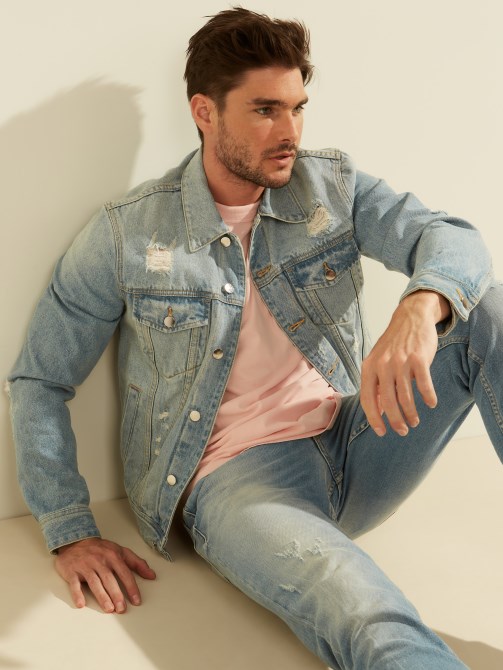 جاكت ديلون من الدنيم المغسول الخفيف أزرق Guess
