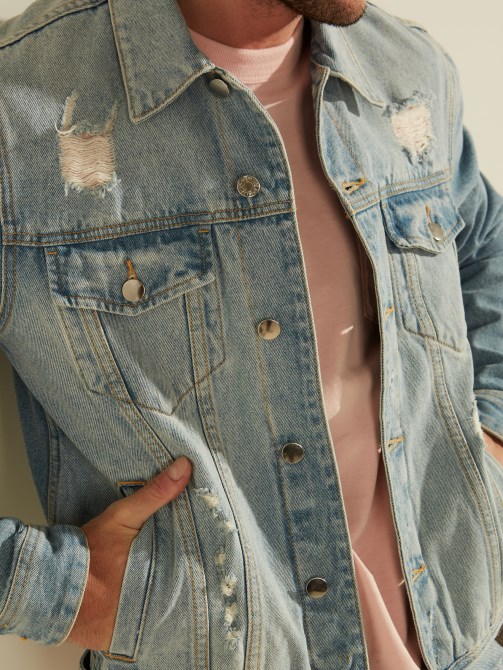 جاكت ديلون من الدنيم المغسول الخفيف أزرق Guess