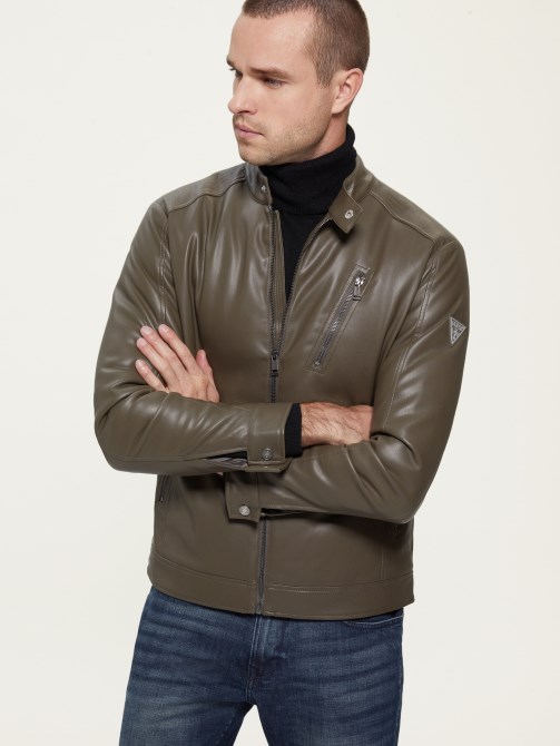 جاكيت راكب الدراجة النارية من الجلد الصناعي باللون البني جيس