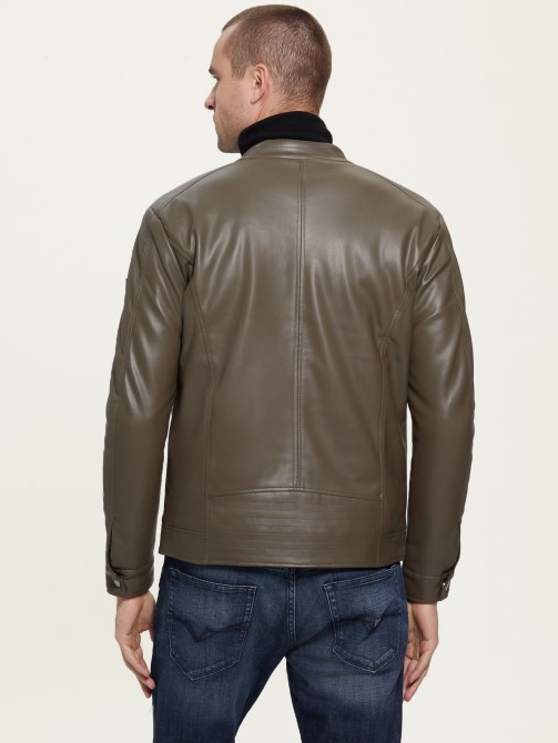 جاكيت راكب الدراجة النارية من الجلد الصناعي باللون البني جيس