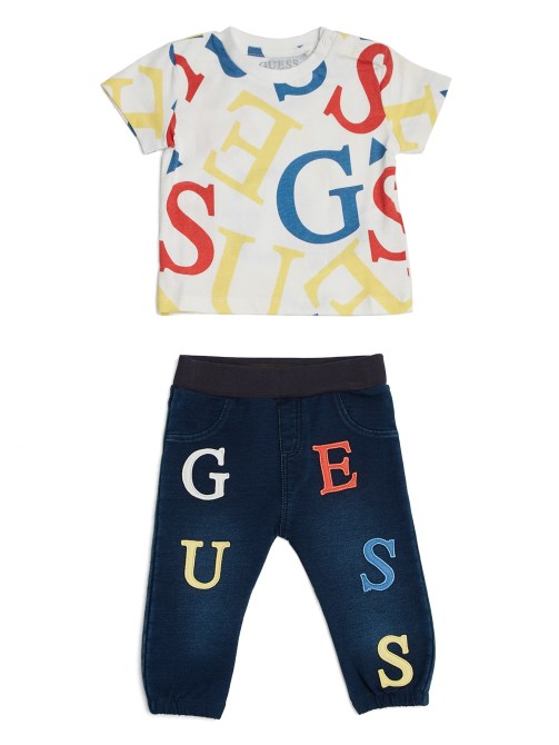 طقم تي شيرت بشعار وبنطلون جينز (3-24 متر) Guess أبيض كل انحاء G